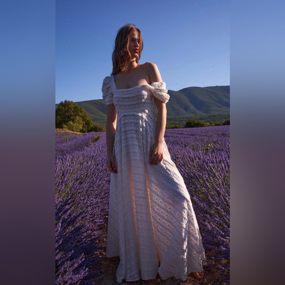 LoveShackFancy Cream Lace Off-Shoulder Wedding Dress
